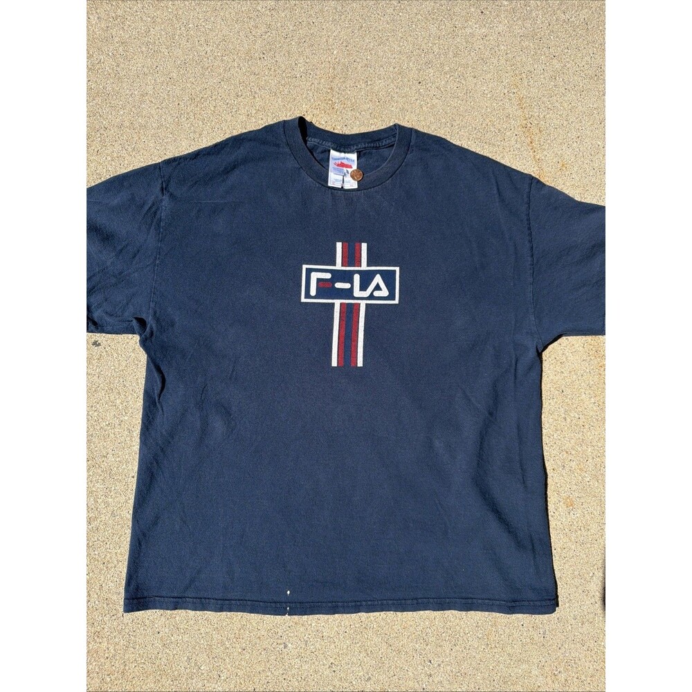 Vintage Cross 90s FILA Black Graphic Shirt Red White Blue Logo Striped XL Tee